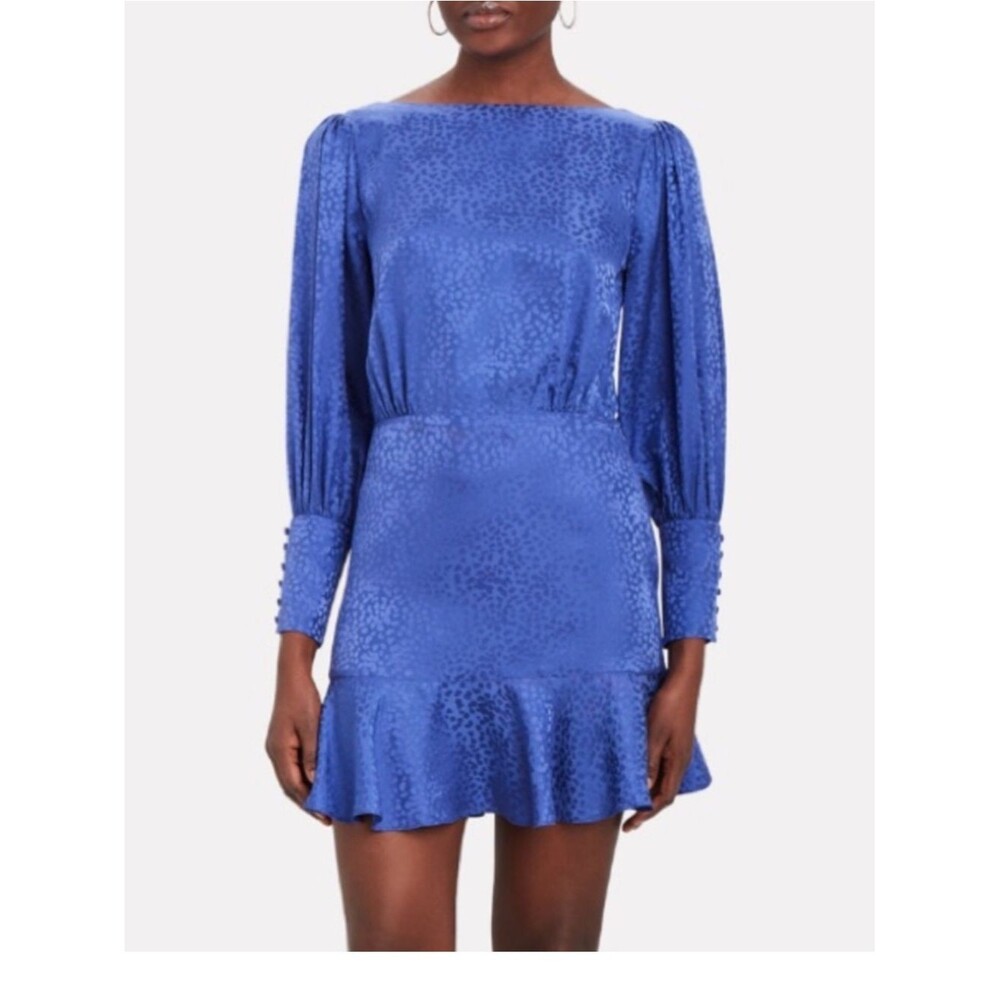Intermix Nicola Silk Jacquard Mini Dress Blue Cheetah Print Ruffle Hem Size 0